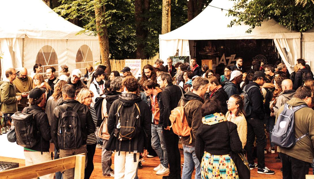 mage des Rencontres Professionnelles 2025. Groupes de personnes discutant en exterieur